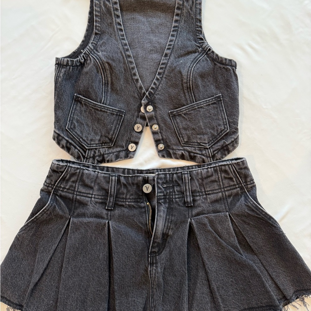 Abrand Dark Gray Denim Mini Skirt and Vest Set
